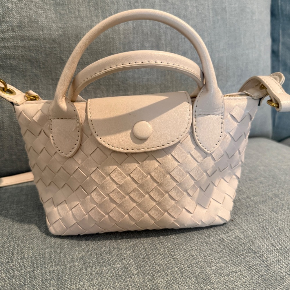 Expressions NYC Woven Vegan Leather Mini Crossbody Bag Cream Off-White Gold Tone